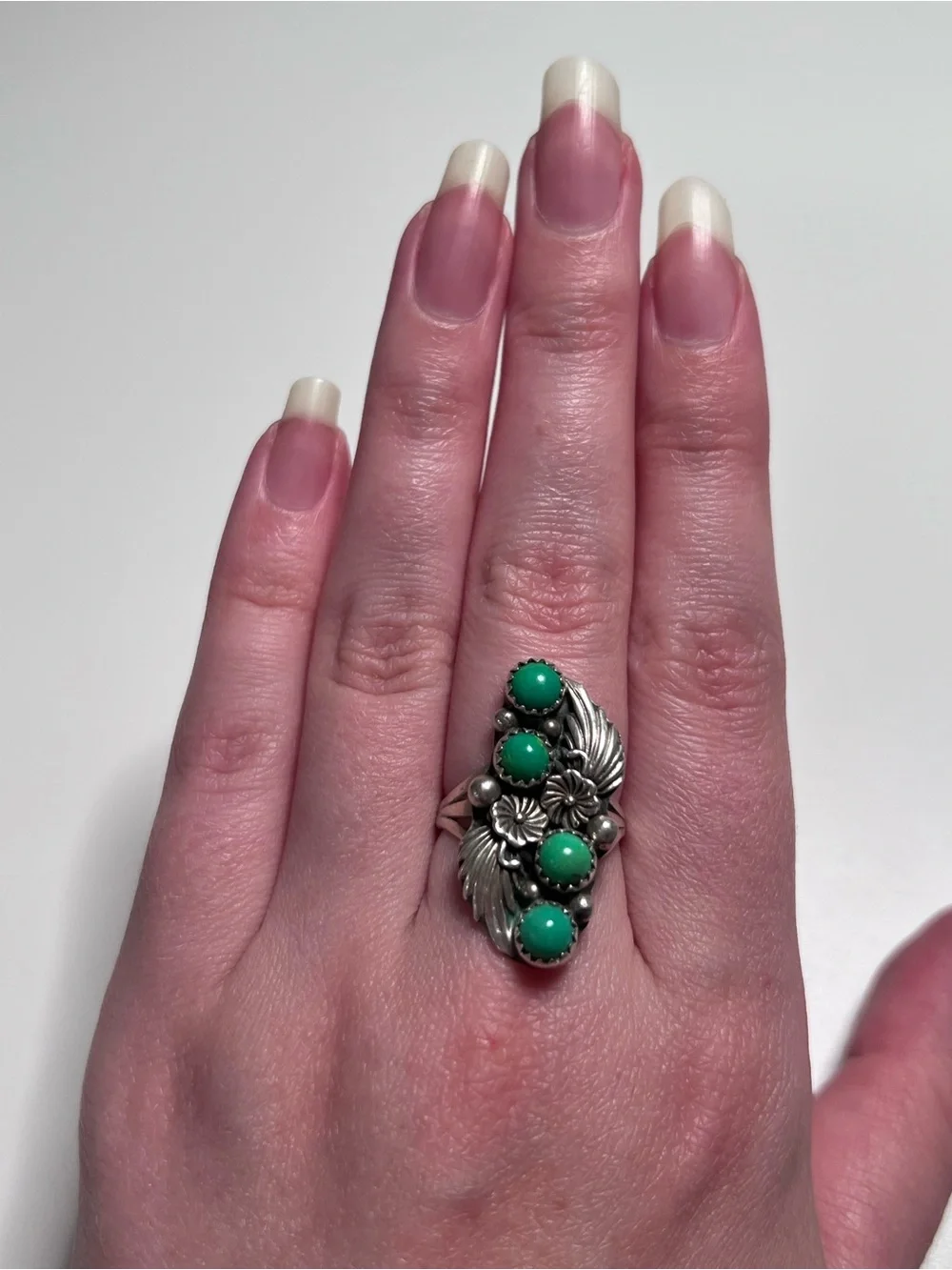 R.B. Navajo 925 Sterling Silver Green Turquoise 4-Stone Floral Leaf Ring Sz 7